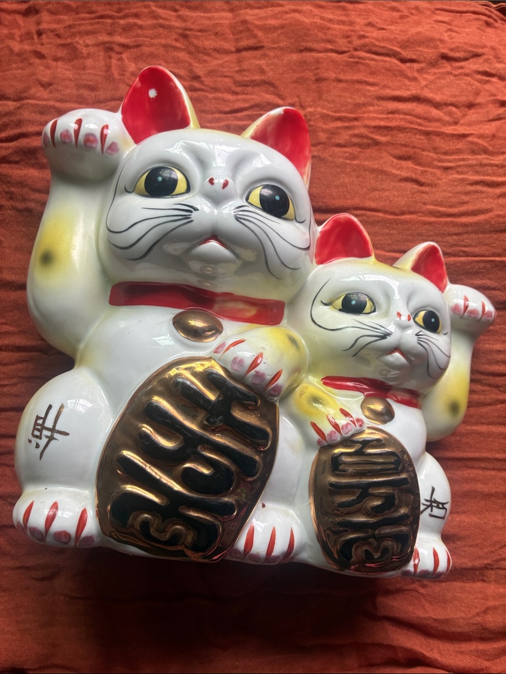 Double Maneki Neko Ceramic Figurine - White with Gold & Red Accents